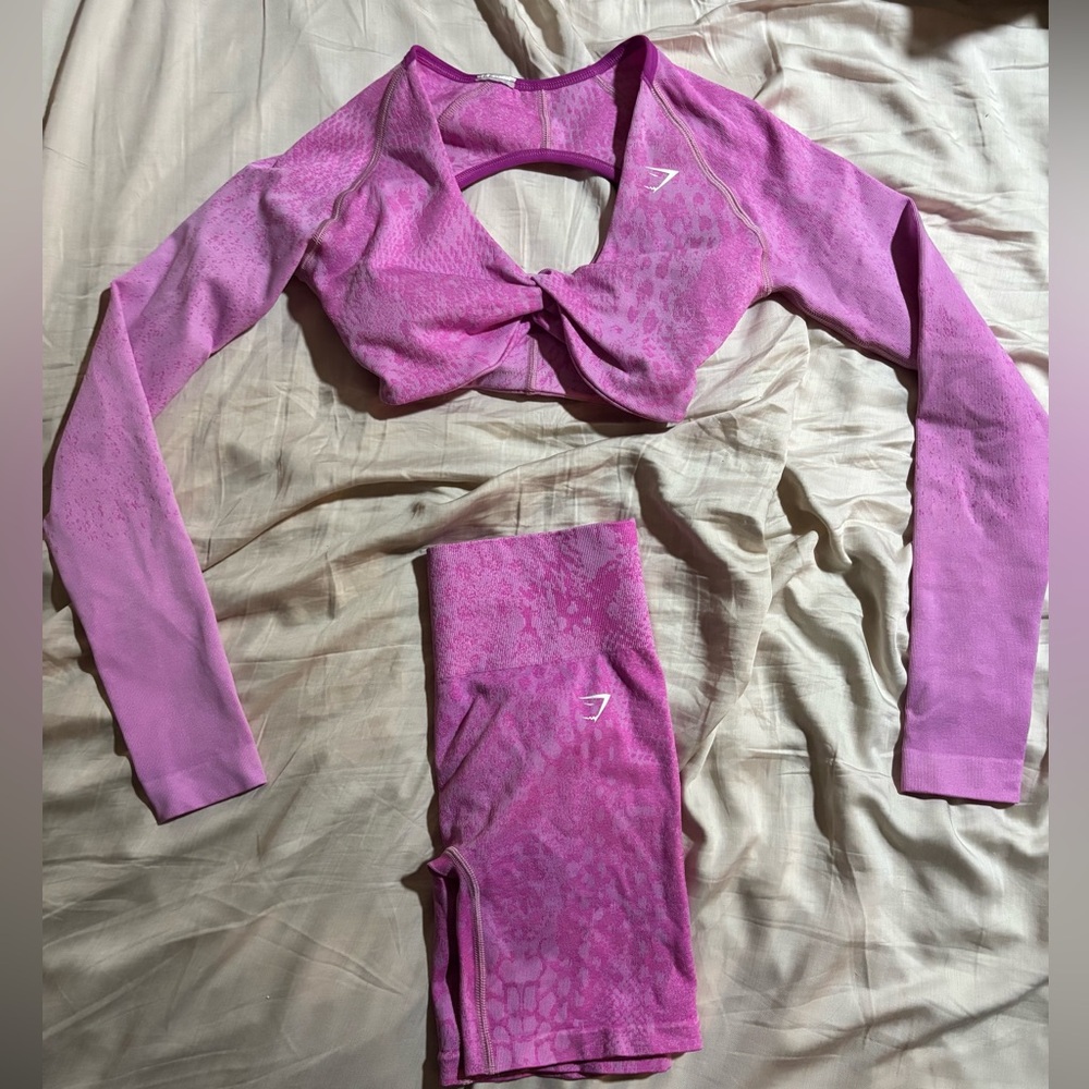 Women’s Gymshark Whitney Animal Crop Long Sleeve and Shorts